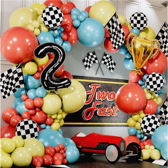 DECOR Vintage Two Fast Race Car Balloon Garland Kit with BONUS Trophy & Number 2 - Picture 5 of 7